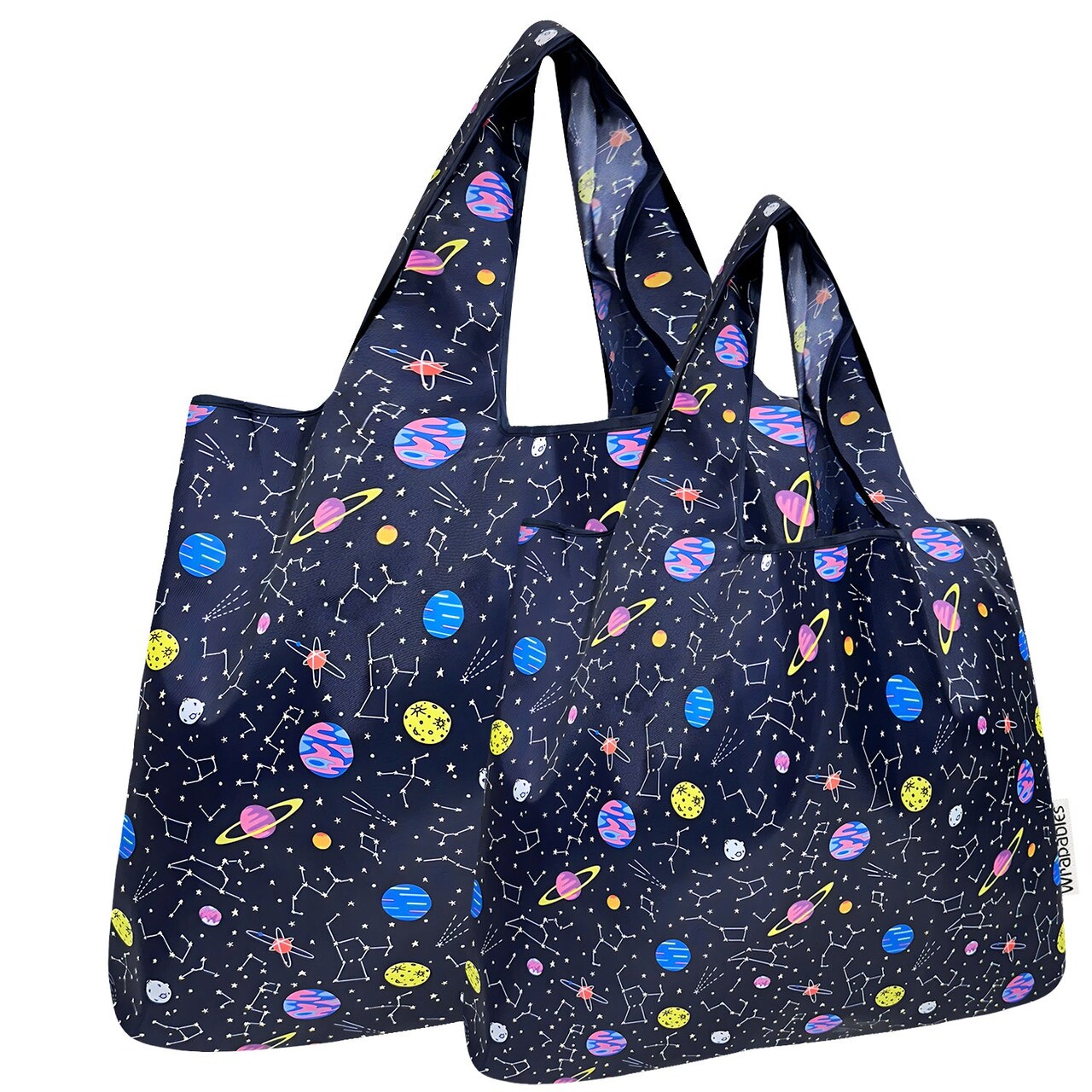 Wrapables Large & Small Foldable Tote Nylon Reusable Grocery Bags, Set of 2, Outer Space